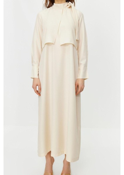 Yeni Regular Günlük Terryviskon Dokuma Boyundan Bağlamalı Uzun Kol A-Line Maxi Boy Tesettür Elbise