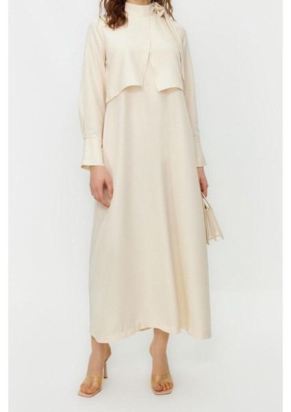 Yeni Regular Günlük Terryviskon Dokuma Boyundan Bağlamalı Uzun Kol A-Line Maxi Boy Tesettür Elbise modelleri