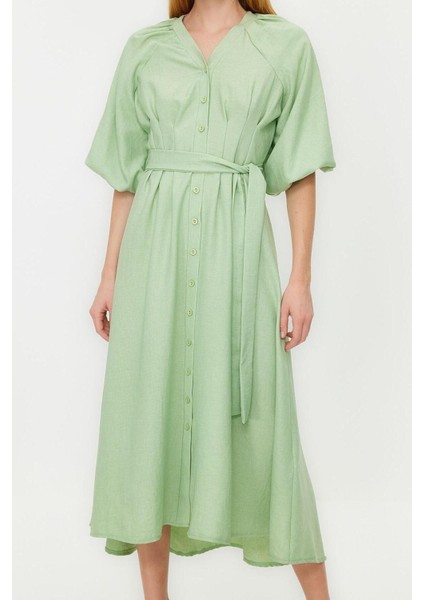 Yeni Regular Günlük Keten Görünümlü Dokuma V Yaka Truvakar Kol Kol A-Line Maxi Boy Tesettür Elbise