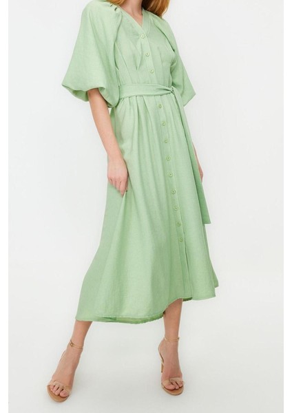 Yeni Regular Günlük Keten Görünümlü Dokuma V Yaka Truvakar Kol Kol A-Line Maxi Boy Tesettür Elbise modelleri