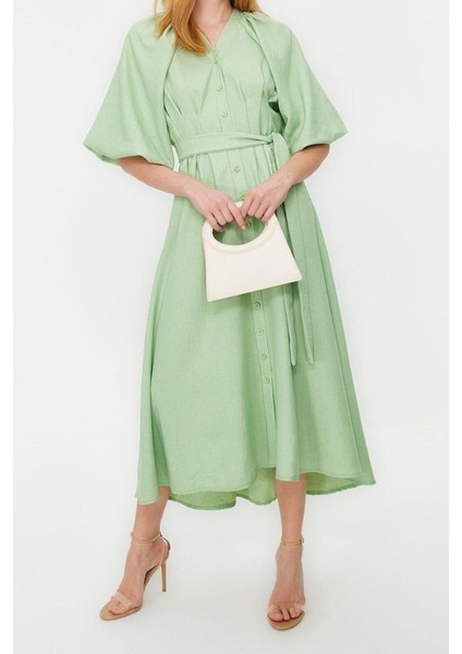 Yeni Regular Günlük Keten Görünümlü Dokuma V Yaka Truvakar Kol Kol A-Line Maxi Boy Tesettür Elbise fırsatları