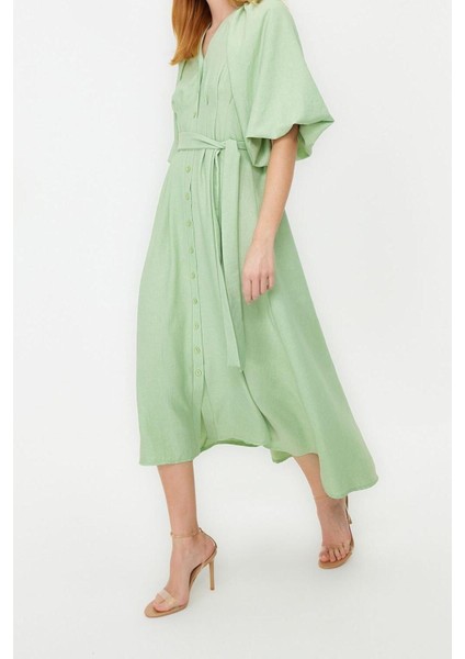 Yeni Regular Günlük Keten Görünümlü Dokuma V Yaka Truvakar Kol Kol A-Line Maxi Boy Tesettür Elbise indirimleri