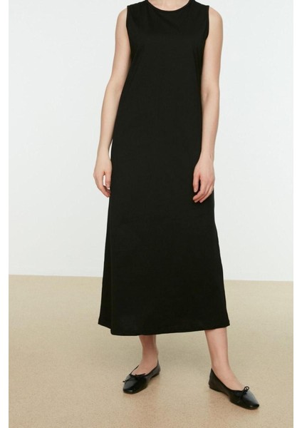 Yeni Regular Casual Günlük Süprem Örme Bisiklet Yaka Kolsuz Kol Basic Maxi Boy Tesettür Elbise