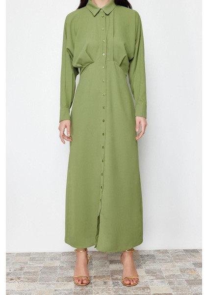 Yeni Regular Günlük Jessica Dokuma Gömlek Yaka Uzun Kol Gömlek Elbise Maxi Boy Tesettür Elbise