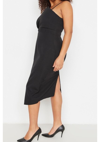 Yeni Fit Şık Abiye Gece Finike Dokuma Straplez Askılı Kol Bodycone Midi Boy Büyük Beden Elbise fiyatları