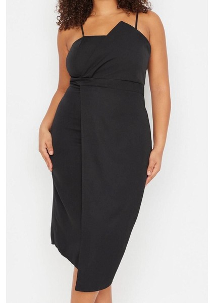 Yeni Fit Şık Abiye Gece Finike Dokuma Straplez Askılı Kol Bodycone Midi Boy Büyük Beden Elbise fırsatları