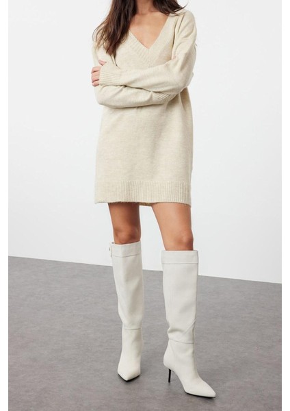 Yeni Oversize Casual Günlük Dolu Iğne Triko V Yaka Uzun Kol Kazak Elbise Mini Boy Elbise