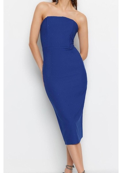 Yeni Fit Mezuniyet Balo Finike Dokuma Straplez Kolsuz Kol Bodycone Midi Boy Elbise