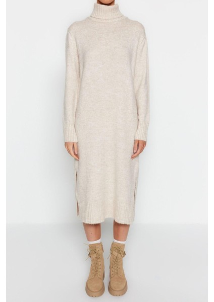 Yeni Oversize Casual Günlük Dolu Iğne Triko Balıkçı Yaka Uzun Kol Shift Midi Boy Elbise