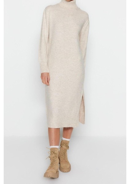 Yeni Oversize Casual Günlük Dolu Iğne Triko Balıkçı Yaka Uzun Kol Shift Midi Boy Elbise