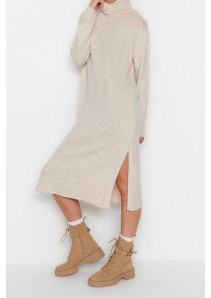 Yeni Oversize Casual Günlük Dolu Iğne Triko Balıkçı Yaka Uzun Kol Shift Midi Boy Elbise