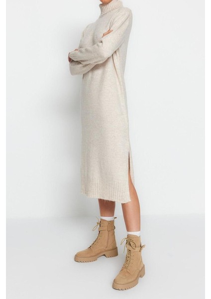 Yeni Oversize Casual Günlük Dolu Iğne Triko Balıkçı Yaka Uzun Kol Shift Midi Boy Elbise