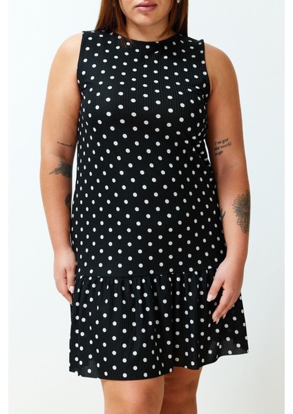 Yeni Rahat Günlük Kaşkorse Örme Bisiklet Yaka Kolsuz Kol Eteği Fırfırlı Mini Boy Büyük Beden Elbise