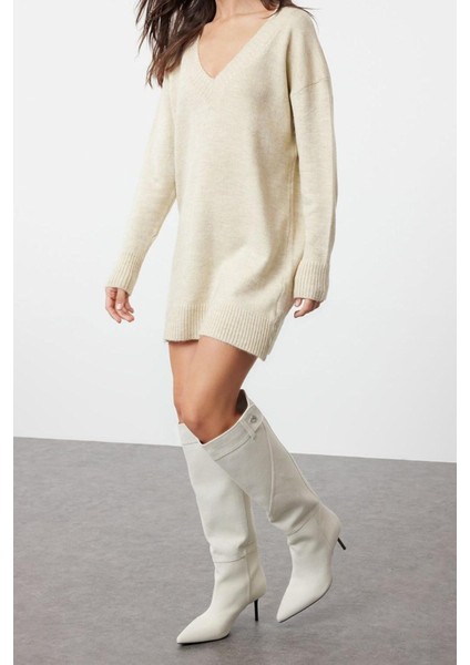 Yeni Oversize Casual Günlük Dolu Iğne Triko V Yaka Uzun Kol Kazak Elbise Mini Boy Elbise