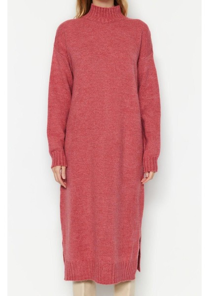 Yeni Oversize Casual Günlük Tek Plaka Triko Dik Yaka Uzun Kol Shift Midi Boy Elbise