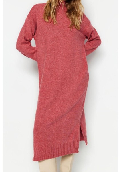 Yeni Oversize Casual Günlük Tek Plaka Triko Dik Yaka Uzun Kol Shift Midi Boy Elbise