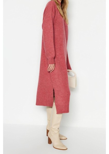 Yeni Oversize Casual Günlük Tek Plaka Triko Dik Yaka Uzun Kol Shift Midi Boy Elbise