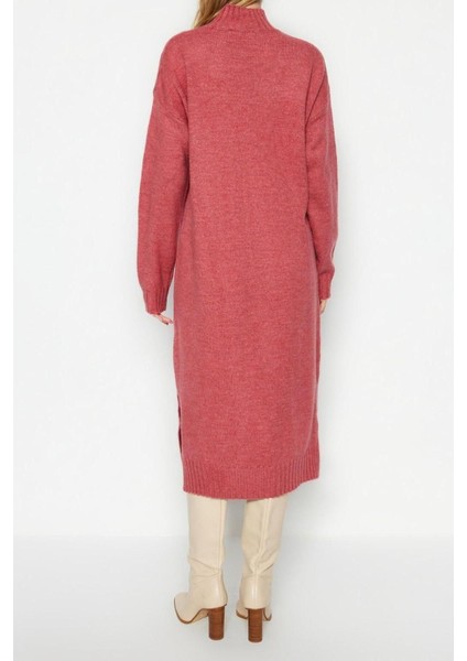 Yeni Oversize Casual Günlük Tek Plaka Triko Dik Yaka Uzun Kol Shift Midi Boy Elbise