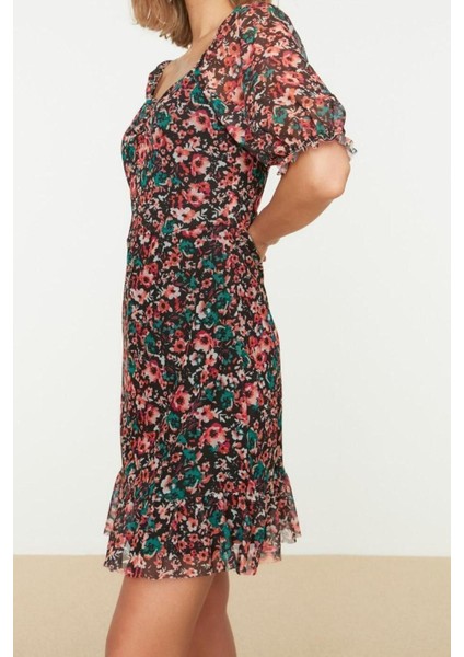 Yeni Regular Casual Günlük Tül Örme Kalp Yaka Kısa Kol Eteği Fırfırlı Mini Boy Elbise