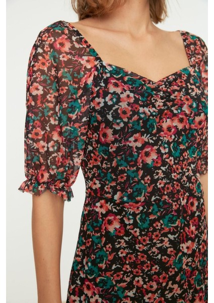 Yeni Regular Casual Günlük Tül Örme Kalp Yaka Kısa Kol Eteği Fırfırlı Mini Boy Elbise