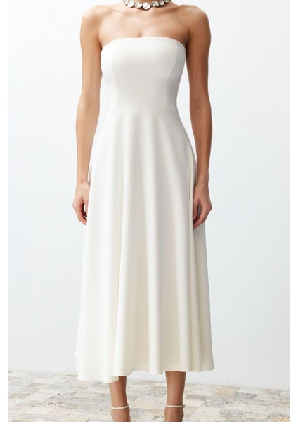 Yeni Fit Düğün Nikah Finike Dokuma Straplez Kolsuz Kol Skater Midi Boy Elbise