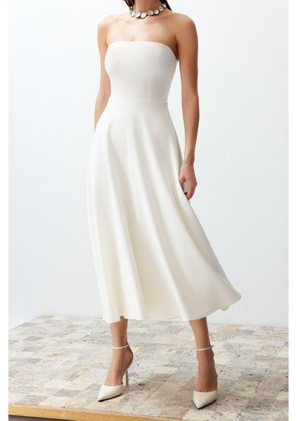 Yeni Fit Düğün Nikah Finike Dokuma Straplez Kolsuz Kol Skater Midi Boy Elbise fiyatları