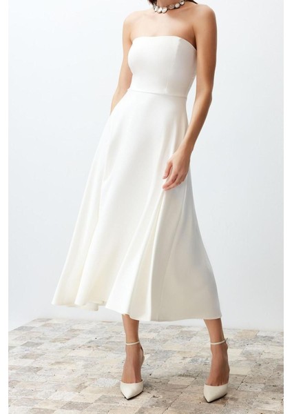 Yeni Fit Düğün Nikah Finike Dokuma Straplez Kolsuz Kol Skater Midi Boy Elbise modelleri