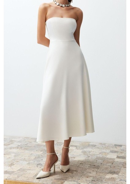 Yeni Fit Düğün Nikah Finike Dokuma Straplez Kolsuz Kol Skater Midi Boy Elbise fırsatları