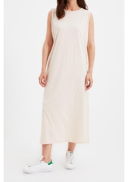 Yeni Regular Casual Günlük Süprem Örme Bisiklet Yaka Kolsuz Kol Basic Maxi Boy Tesettür Elbise