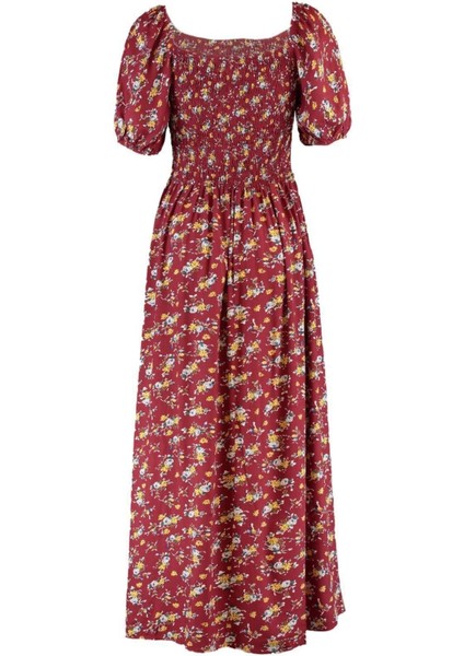 Yeni Rahat Casual Günlük Shally Dokuma Kare Yaka Kısa Kol A-Line Midi Boy Büyük Beden Elbise