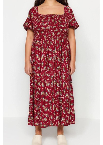 Yeni Rahat Casual Günlük Shally Dokuma Kare Yaka Kısa Kol A-Line Midi Boy Büyük Beden Elbise indirimleri