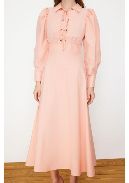 Yeni Regular Casual Günlük Poplin Dokuma Gömlek Yaka Uzun Kol A-Line Maxi Boy Tesettür Elbise