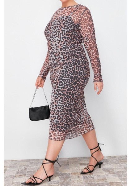 Yeni Fit Casual Günlük Tül Örme Bisiklet Yaka Uzun Kol Bodycone Midi Boy Büyük Beden Elbise