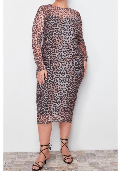 Yeni Fit Casual Günlük Tül Örme Bisiklet Yaka Uzun Kol Bodycone Midi Boy Büyük Beden Elbise
