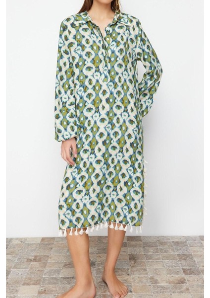 Oversize Plaj Günlük Shally Dokuma Gömlek Yaka Uzun Kol Shift Maxi Boy Elbise