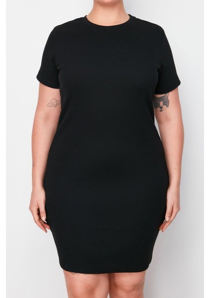 Yeni Fit Casual Günlük Kaşkorse Örme Bisiklet Yaka Kısa Kol Bodycone Mini Boy Büyük Beden Elbise