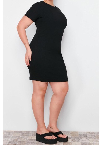 Yeni Fit Casual Günlük Kaşkorse Örme Bisiklet Yaka Kısa Kol Bodycone Mini Boy Büyük Beden Elbise fiyatları