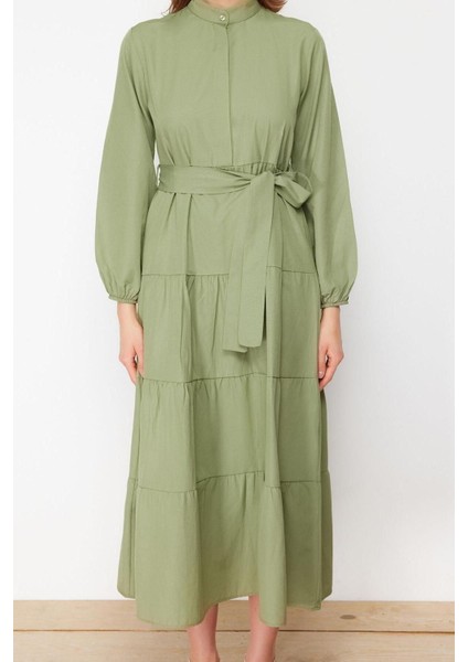 Yeni Rahat Casual Günlük Terrycotton Dokuma Dik Yaka Uzun Kol Basic Maxi Boy Tesettür Elbise