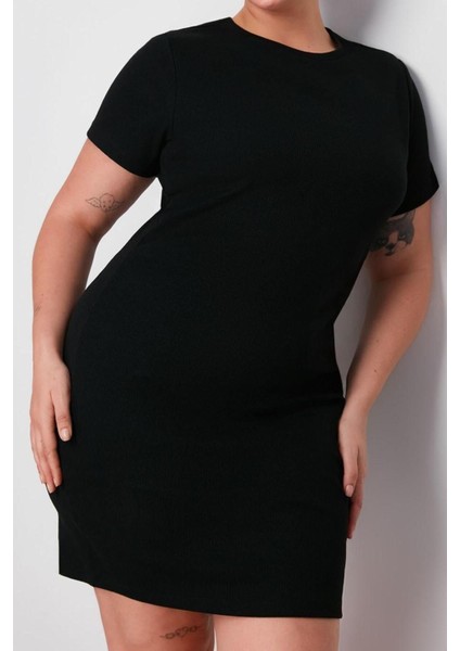 Yeni Fit Casual Günlük Kaşkorse Örme Bisiklet Yaka Kısa Kol Bodycone Mini Boy Büyük Beden Elbise fırsatları