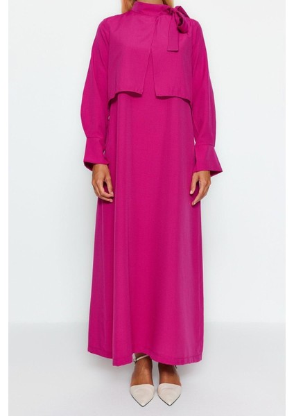 Yeni Regular Günlük Terryviskon Dokuma Boyundan Bağlamalı Uzun Kol A-Line Maxi Boy Tesettür Elbise