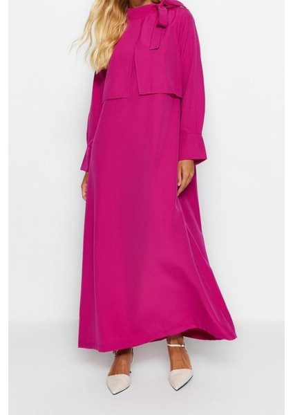 Yeni Regular Günlük Terryviskon Dokuma Boyundan Bağlamalı Uzun Kol A-Line Maxi Boy Tesettür Elbise fiyatları