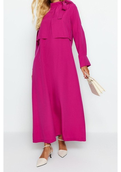 Yeni Regular Günlük Terryviskon Dokuma Boyundan Bağlamalı Uzun Kol A-Line Maxi Boy Tesettür Elbise modelleri