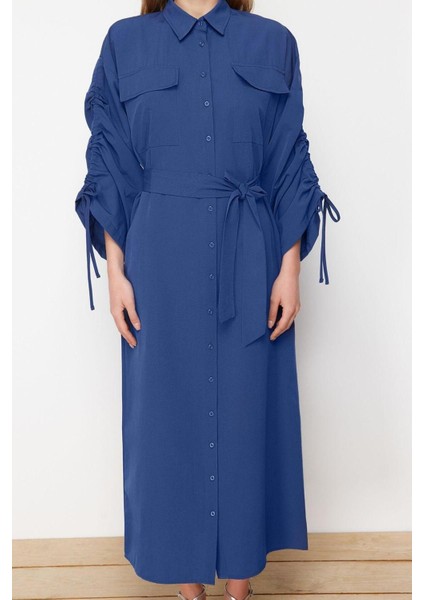 Yeni Casual Günlük Terrycotton Dokuma Gömlek Yaka Uzun Kol Gömlek Elbise Maxi Boy Tesettür Elbise