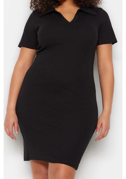 Yeni Fit Casual Günlük Kaşkorse Örme Polo Yaka Kısa Kol Bodycone Mini Boy Büyük Beden Elbise fiyatları