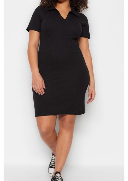 Yeni Fit Casual Günlük Kaşkorse Örme Polo Yaka Kısa Kol Bodycone Mini Boy Büyük Beden Elbise modelleri