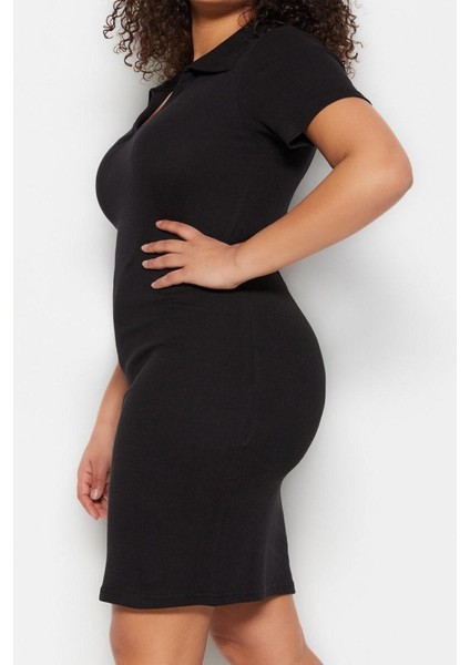 Yeni Fit Casual Günlük Kaşkorse Örme Polo Yaka Kısa Kol Bodycone Mini Boy Büyük Beden Elbise fırsatları