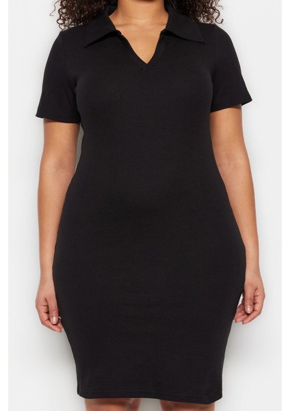 Yeni Fit Casual Günlük Kaşkorse Örme Polo Yaka Kısa Kol Bodycone Mini Boy Büyük Beden Elbise indirimleri
