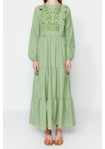 Yeni Regular Casual Günlük Chambre Dokuma Bisiklet Yaka Uzun Kol A-Line Maxi Boy Tesettür Elbise