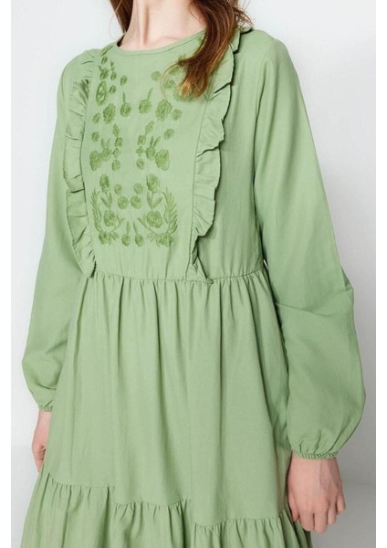 Yeni Regular Casual Günlük Chambre Dokuma Bisiklet Yaka Uzun Kol A-Line Maxi Boy Tesettür Elbise fiyatları