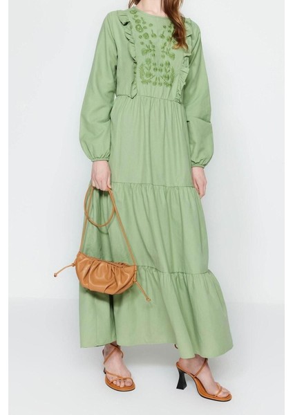 Yeni Regular Casual Günlük Chambre Dokuma Bisiklet Yaka Uzun Kol A-Line Maxi Boy Tesettür Elbise modelleri